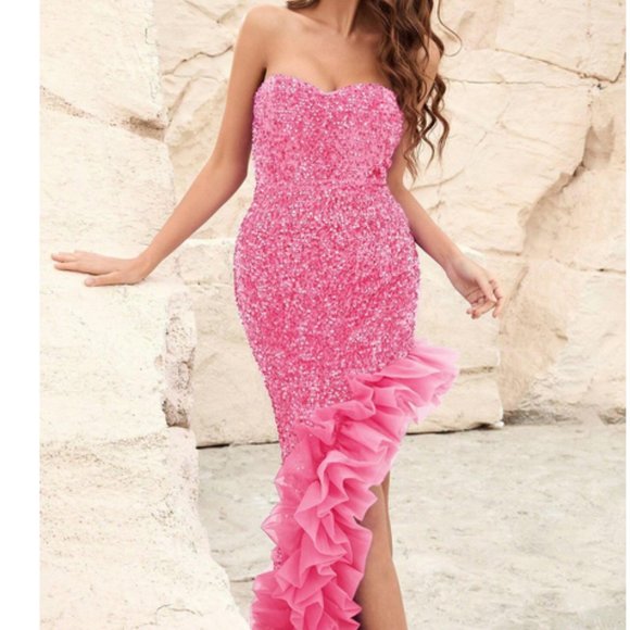 Glam Barbie Ruffle Trim Split Thigh Sequin Tube Formal Dress Pink - Picture 7 of 8